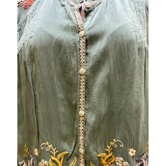 Johnny Was Embroidered Silk Blouse Green XL - Picture 5 of 6